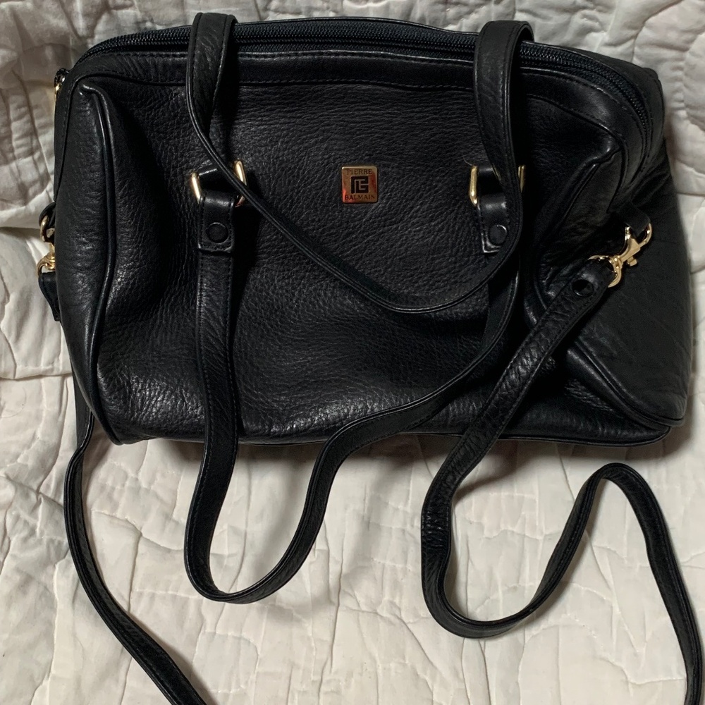 Vintage Pierre Balmain Black Leather Satchel Crossbody Bag
